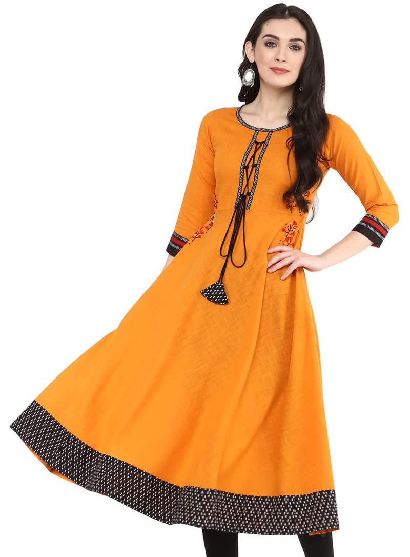 Yash Gallery Women's Cotton Slub Embroidered 3/4 Sleeve Round Neck Anarkali Kurtis (US, Alpha, X-Large, Regular, Regular, Mustard) - Image 2